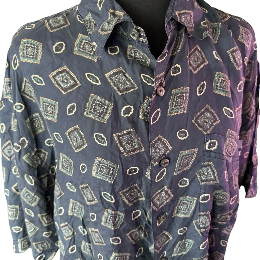 Vintage Porcini  Retro Abstract 100% Silk Button Down Short sleeve L‎ - Picture 3 of 7